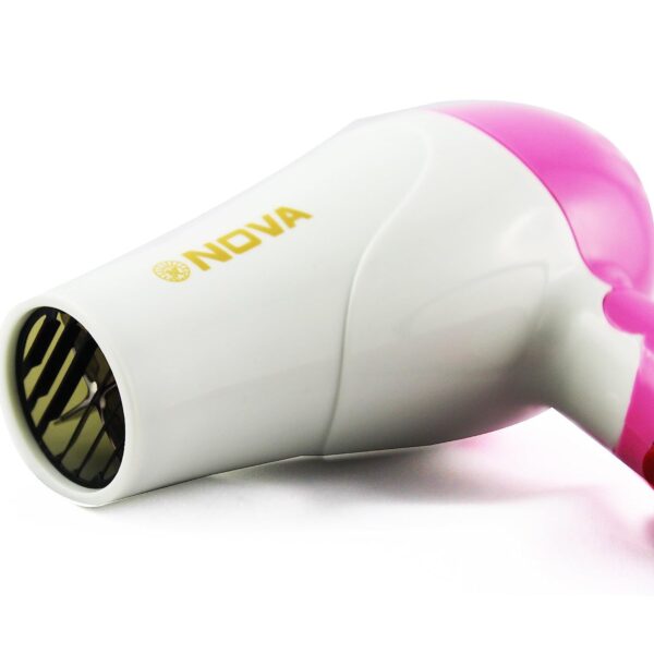 Portable 1000W hair dryer showing the foldable handle and air intake filter.